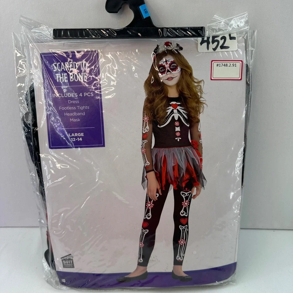 Scared To The Bone Halloween Costume Dress Tights Headband Mask Large 12-14 Girl